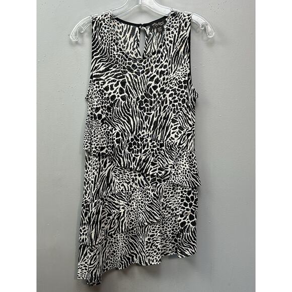 Thalia Sodi Asymmetrical Sleeveless Ruffle Blouse Womens Small Black White Sheer - Picture 1 of 7